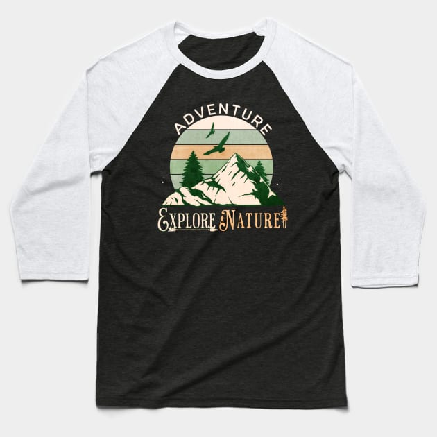 Adventure Explore Nature Deep Wood Retro Sunset Baseball T-Shirt by mythikcreationz